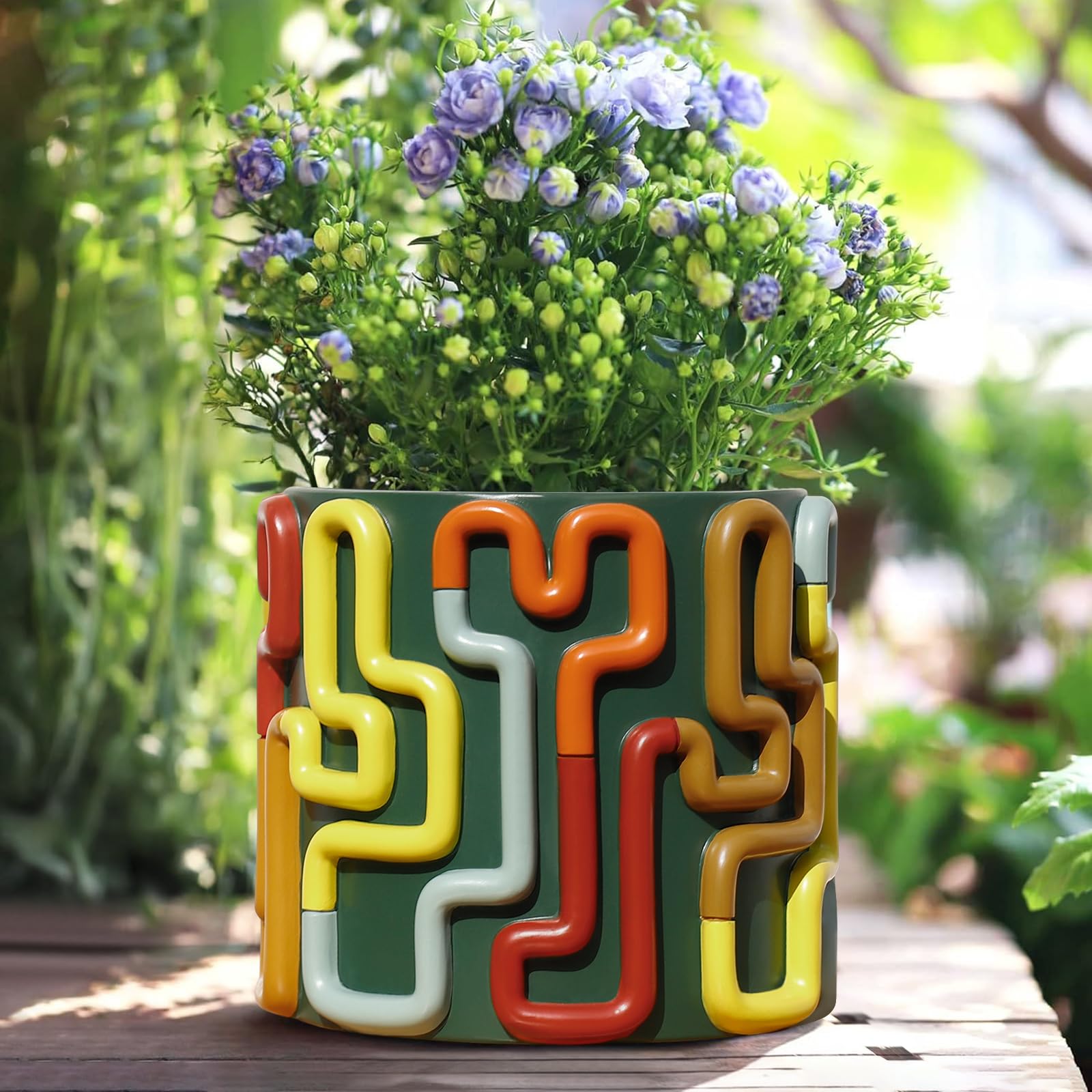 AmiCera Colourful Line Flower Pots, Cute Unique Planter with Drainage, Vintage Planters Pots for Indoor Plants, Eclectic Succulent Gardening Pot Funky Plant Gift Home Decor, Green