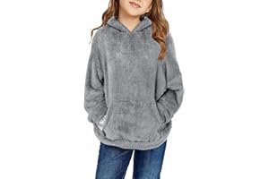 Haloumoning Girls Fuzzy Fleece Pullover Hoodies Sweatshirt Casual Loose Outwear Coat with Pockets 4-15 Years