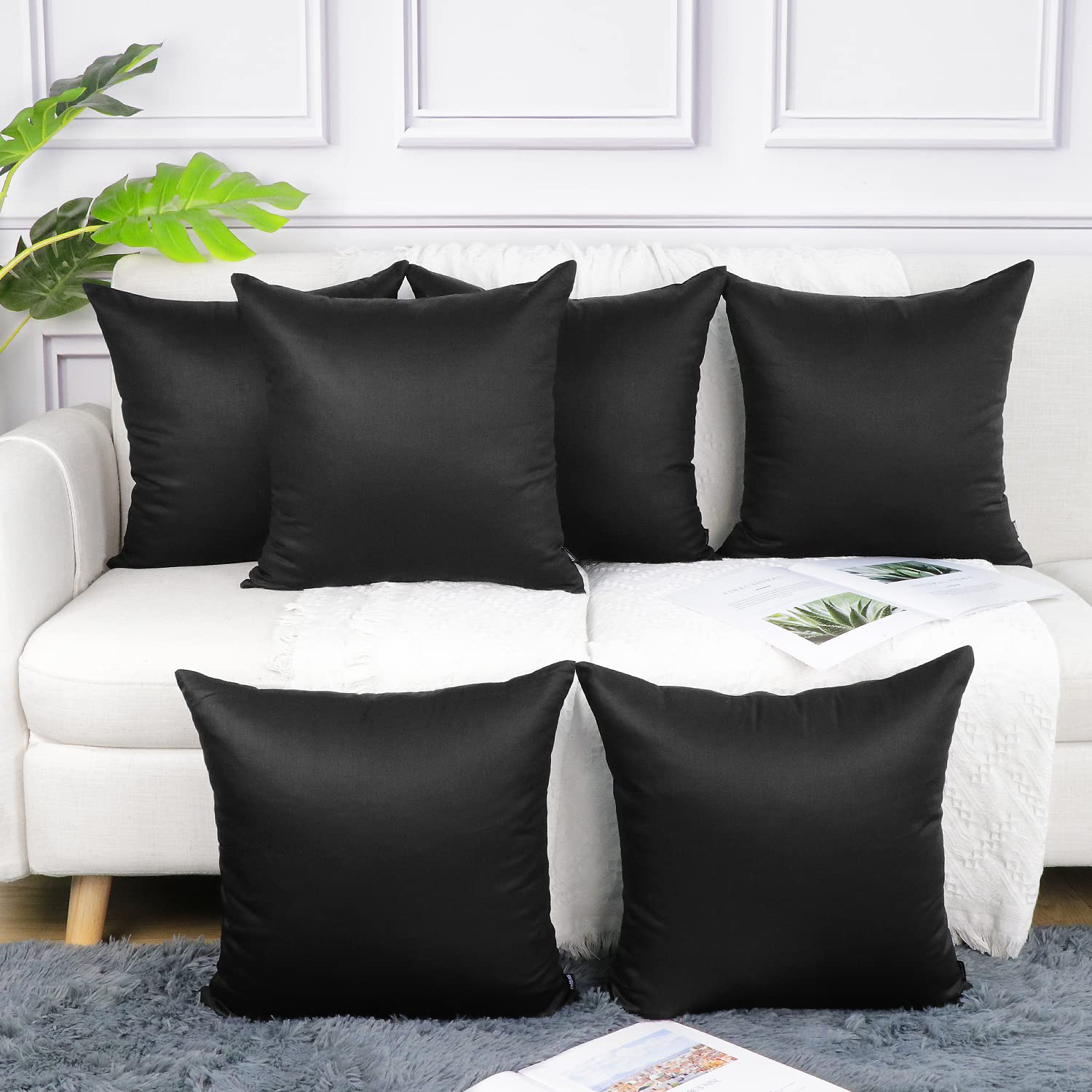 Coddsmz 6 Pack Decorative 100% Cotton Pillow Covers Square Cushion Cover Solid DIY Throw Pillowcase for Home Bed Sofa Halloween Christmas,Black,6 Pack-20" x 20"/50x50cm