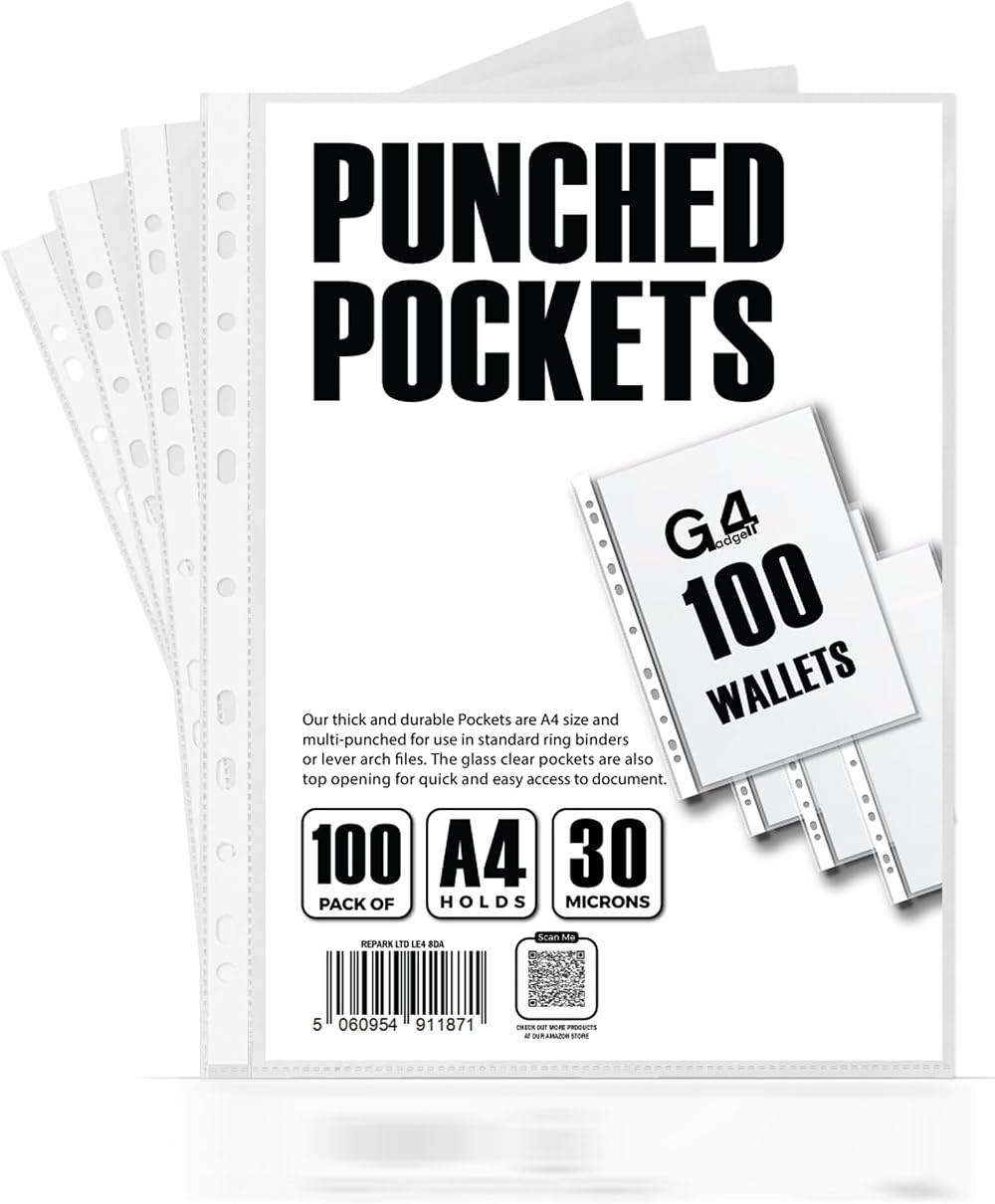 G4GADGET A4 Plastic Pockets with Reinforced Spine 30 Micron Pack of 100