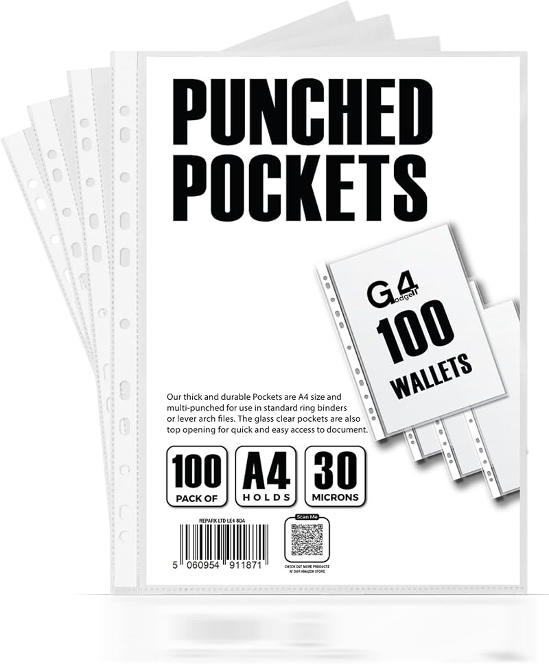 G4GADGET A4 Plastic Pockets with Reinforced Spine 30 Micron Pack of 100