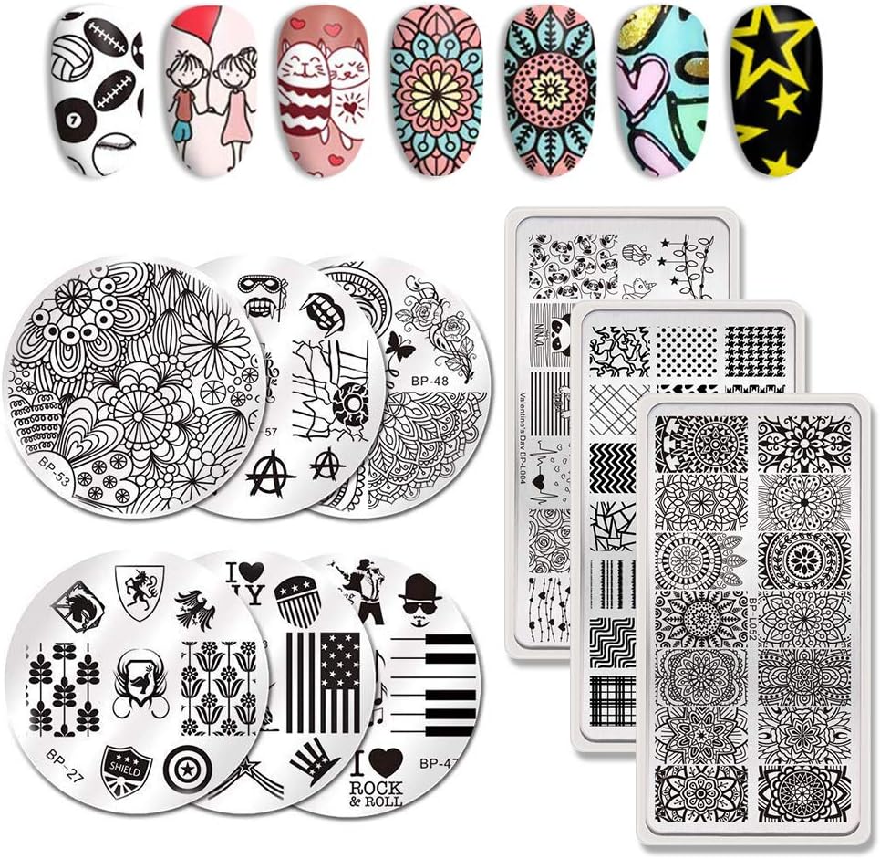 BORN PRETTY Nail Art Stamp Templates 3Pcs Rectangle Stamping Images 6Pcs Round Stamp Plates Templates Set