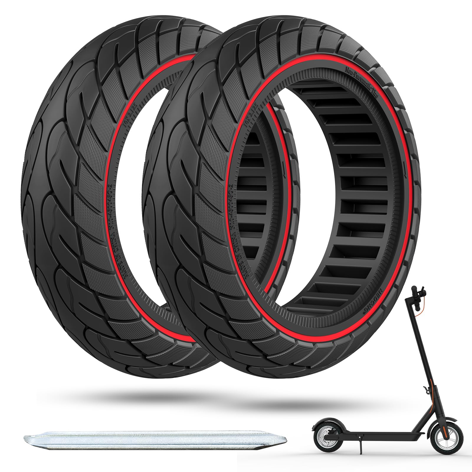 OUXI 2 Pack 10 inch Solid Tyre Pure Electric Scooter Puncture Proof Rubber 10x2.125 Explosion Proof Tire Replacement Wheel Front/Rear 2PCS Red