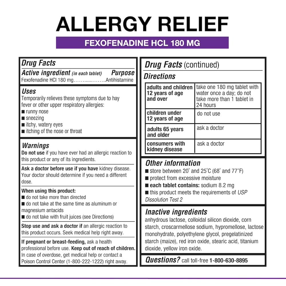 Puregen Labs Allergy Relief, Fexofenadine 180mg, 100 Tablets – 24 Hour Non-Drowsy Antihistamine Allergy Medicine for Runny Nose, Sneezing, Itchy, Watery Eyes - Made in USA