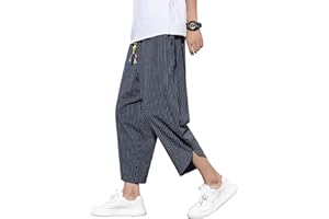 DOSLAVIDA Men's Casual Elastic Waist Linen Capri Pants Wide Leg Baggy Cotton Harem Yoga Trousers Loose Patchwork Short
