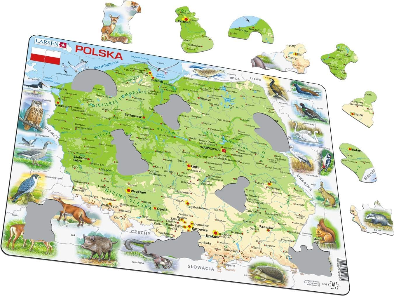 Larsen K98 Poland Physical Map Jigsaw Puzzle, Earthy Greens, Blues, Browns, Whites, Bright Colors, 61 sztuk - Image 3