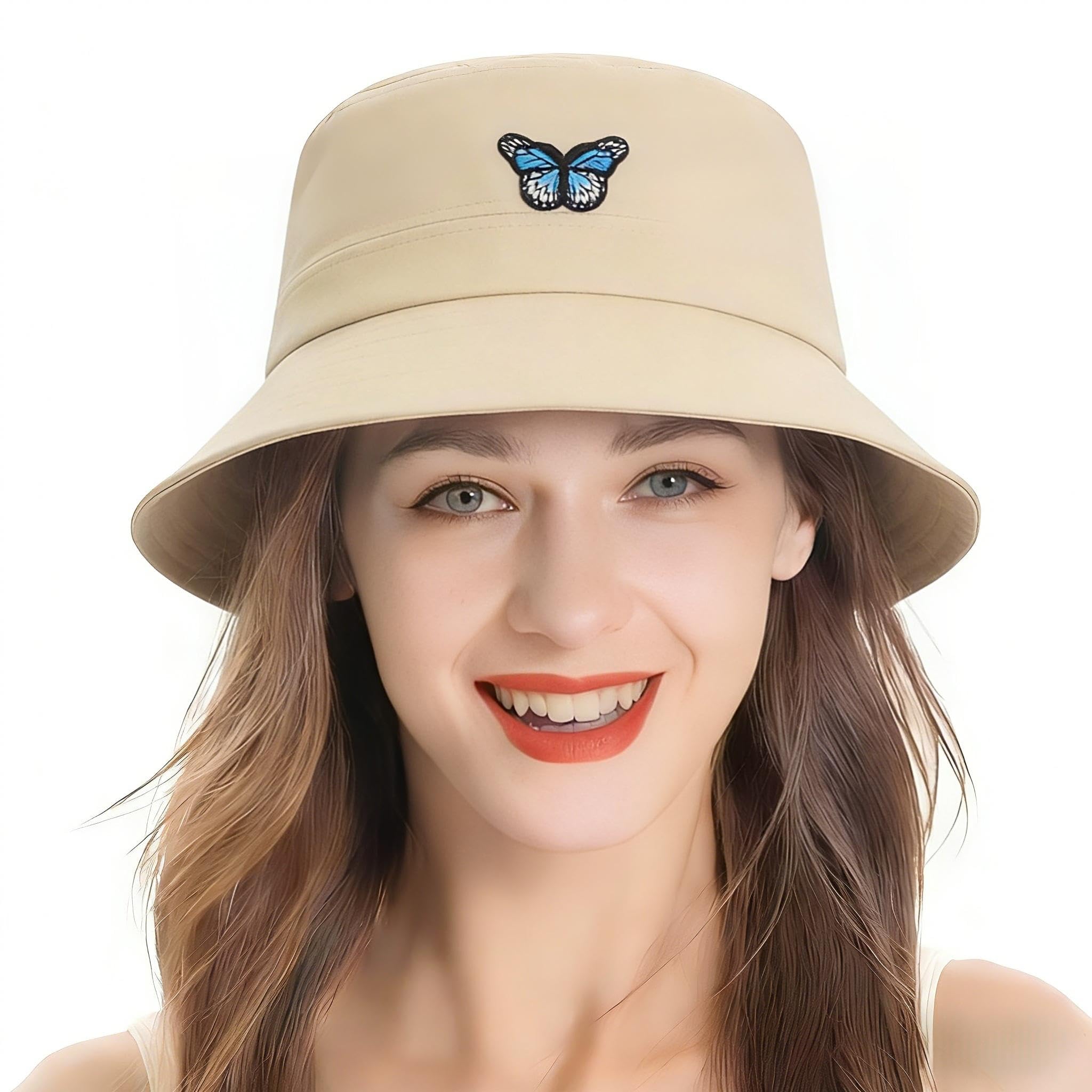 ZLYC Unisex Fashion Embroidered Bucket Hat Summer Short Brim for Men Women Teens(Butterfly Khaki)