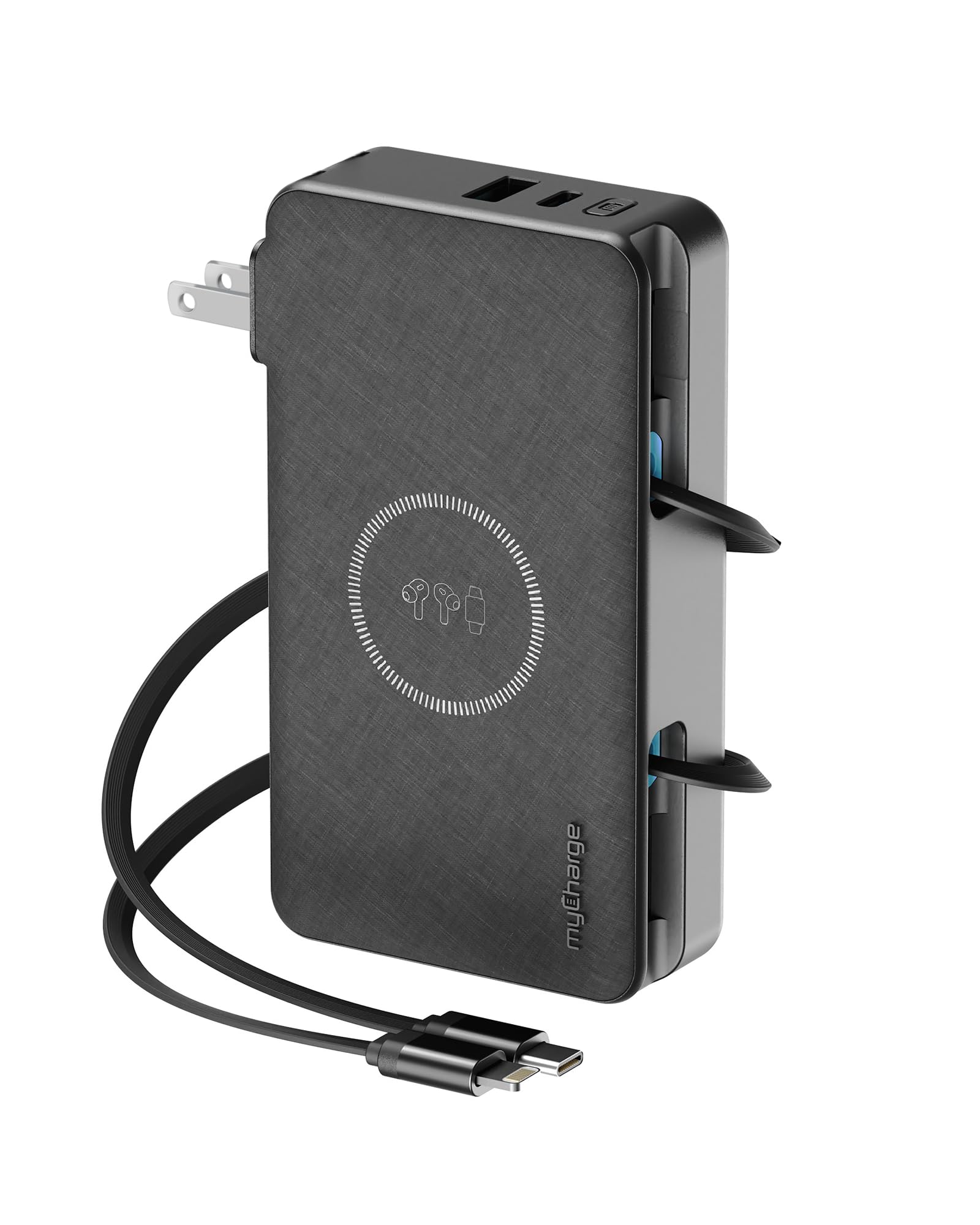 myCharge RetractaCharger 10000mAh Portable Charger Power Bank with 28-Inch Retractable USB-C & Lightning Cables | Qi Wireless Charging | Built-in Wall Plug | Premium Fabric | Digital Display