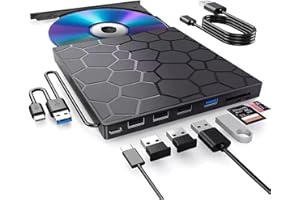 External DVD Drive 7-in-1, USB 3.0 & Type-C CD DVD +/-RW Optical Drive, Slim Portable Disc Reader Writer Burner, Compatible w