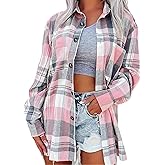 Deer Lady Plaid Flannel Shirts for Women Buffalo Plaid Shirts Oversized Long Sleeve Casual Button Down Blouse Top