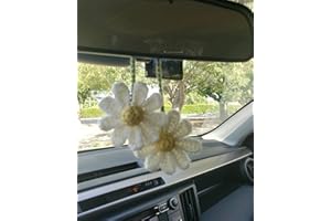 AGROMUSK Crochet Daisy Car Accessories for Women Cute Rear View Mirror Hanging Charms Handmade Daisy Flower Gifts for Crochet Lovers Car Decor Automotive Interior Aesthetic(White)