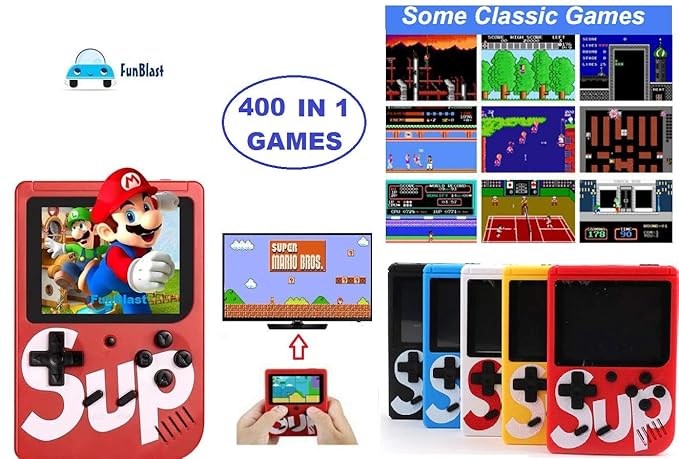 FunBlast Colorful Video Game Toys for Kids LCD Screen USB Rechargeable Battery Handheld Console Connecting TV and Two Players 400 in 1 (Mario, Car Racing) Games for Boys, Girls (Yellow)
