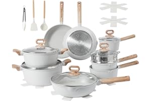 KOLEX 23Pcs Pots and Pans Set, Nonstick Cookware Sets, Beige Granite Induction Cookware Non Stick Cooking Set with Frying Pans & Saucepans(PFOS, PFOA Free)