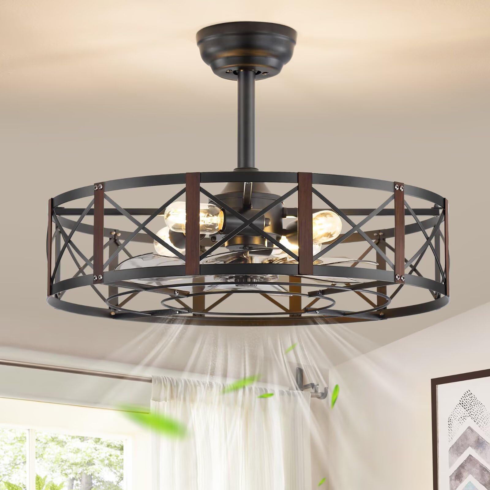 Photo 1 of Fanbulous 23 Inch Fandelier Caged Ceiling Fans with Lights and Remote, Black Bladeless Ceiling Fan with 6 Speeds and Timing, Farmhouse Samll Fan Lights Ceiling Fixtures For Kitchen, Bedroom-Walnut