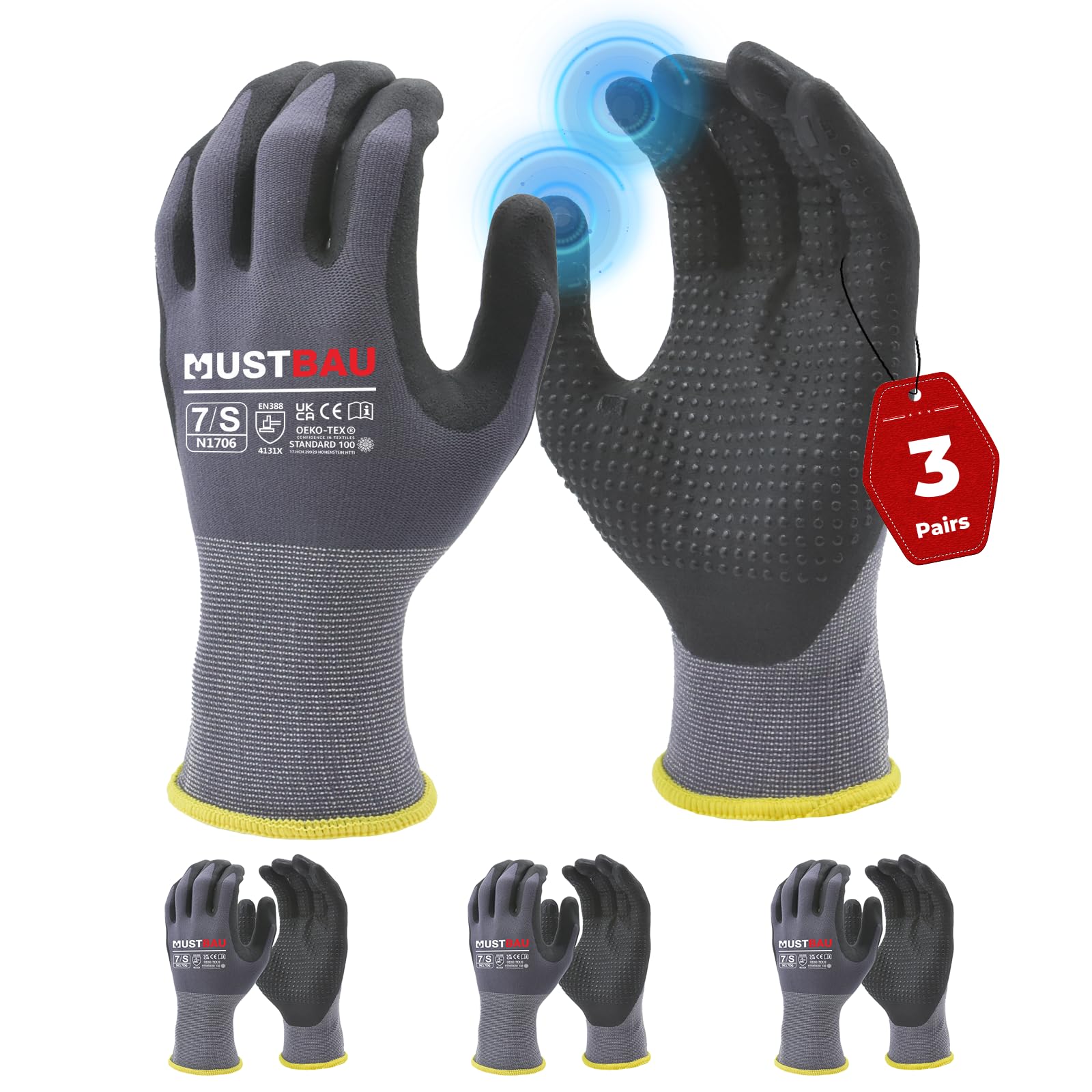 Mustbau 3 Pairs Safety Work Gloves Breathable Nitrile Coated Gloves,Knit Nylon Protective Gloves,Abrasion,Dexterity, Touch Screen, for Most Kinds of Jobs-S