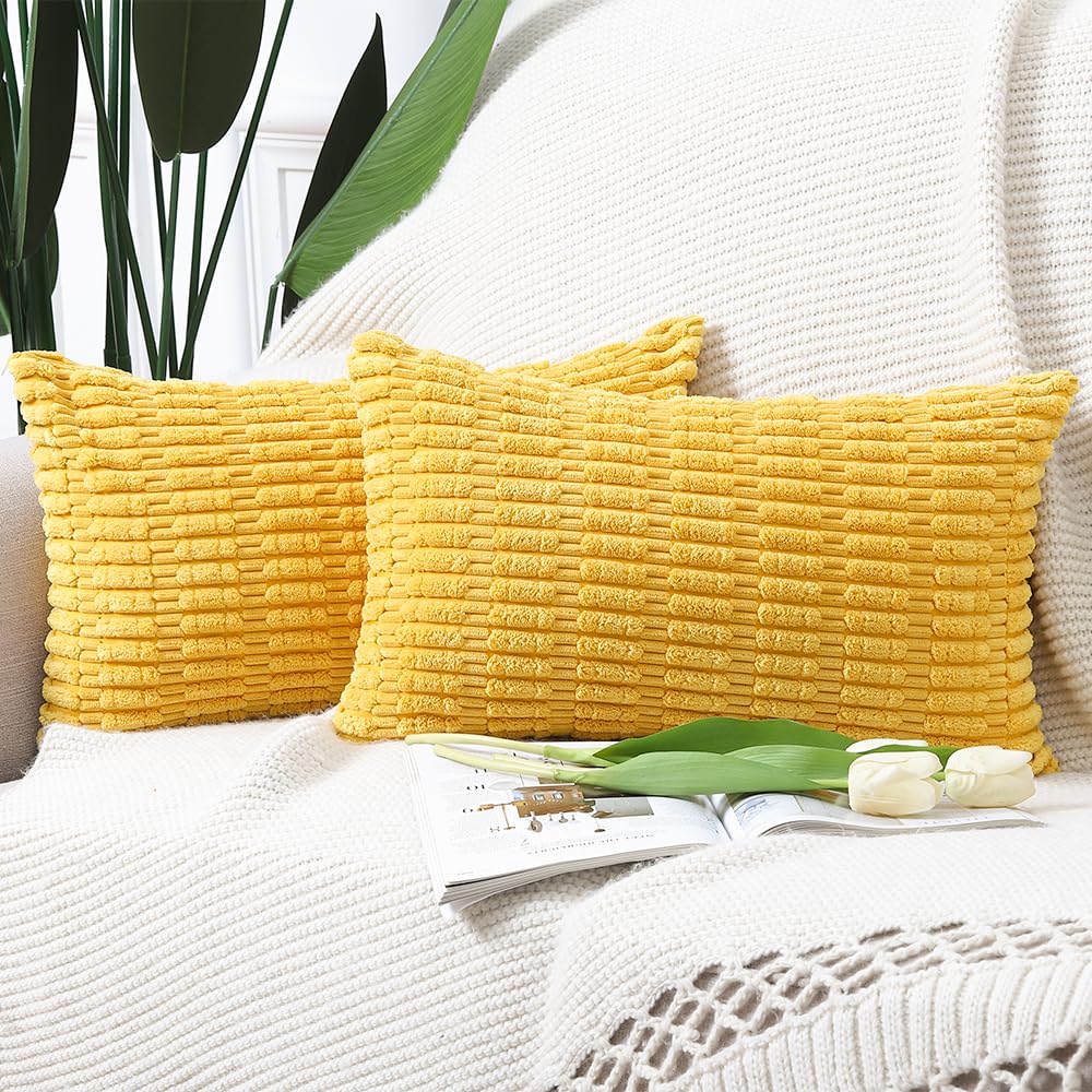 Madizz Pack of 2 Boho Striped Corduroy Throw Pillow Covers 12x20 inch, 30x50 cm, Yellow Soft Decorative Cushion Cover for Sofa Bedroom Pillow Shell — image 1