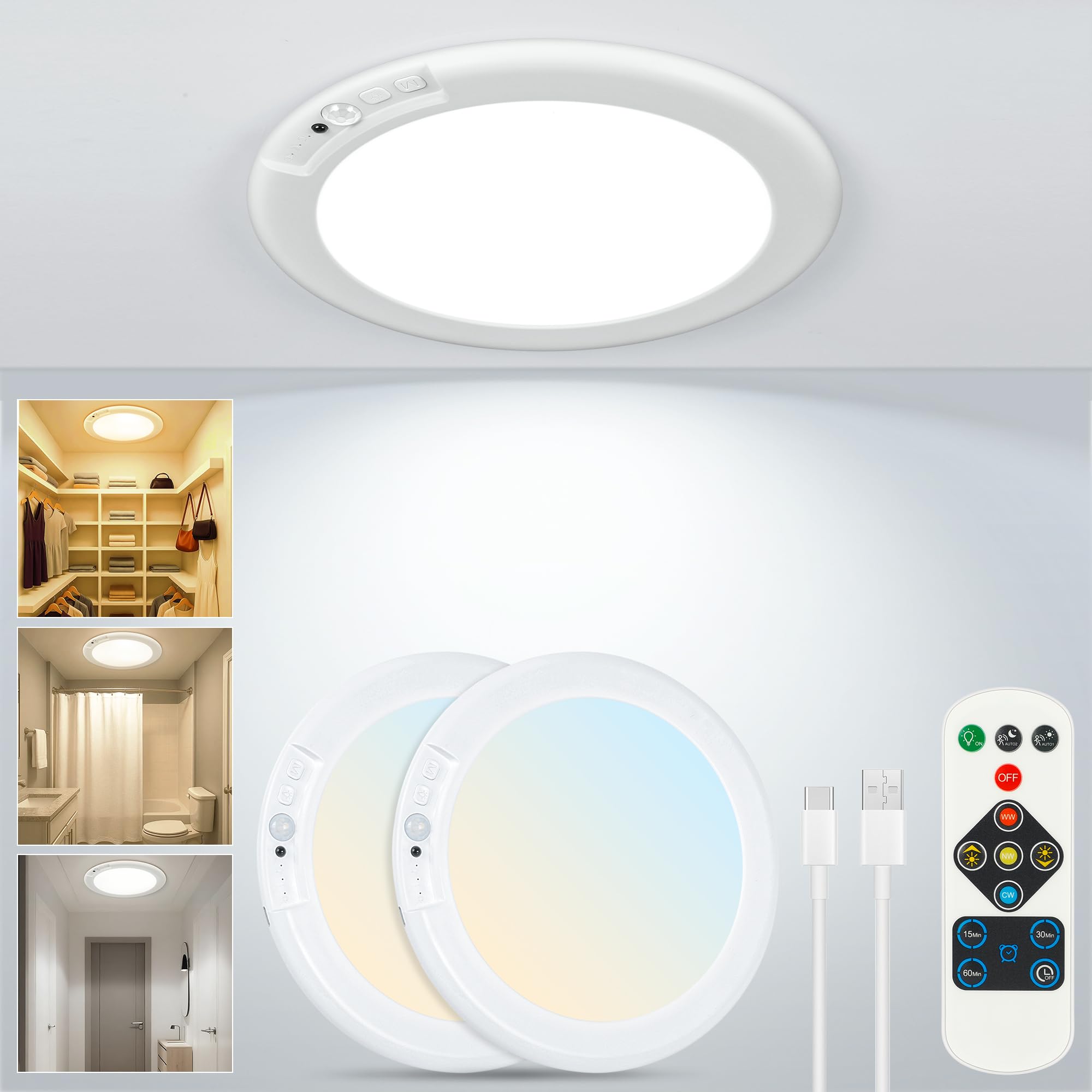 Photo 1 of Rodalims Rechargeable Ceiling Light, No Wiring Battery Operated Ceiling Lights with Remote, Motion Sensor Dimmable Timing Motion Activated Overhead Shower Light for Bathroom Pantry Hallway Porch (2)