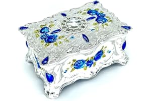 TRUEWON Jewelry Chest Rose Pastoral Style Metal Box Trinket Vintage Trinket Gemstone Storage Tray Treasure Souvenir Gift Case for Girls Women (White Blue Golden, Small)