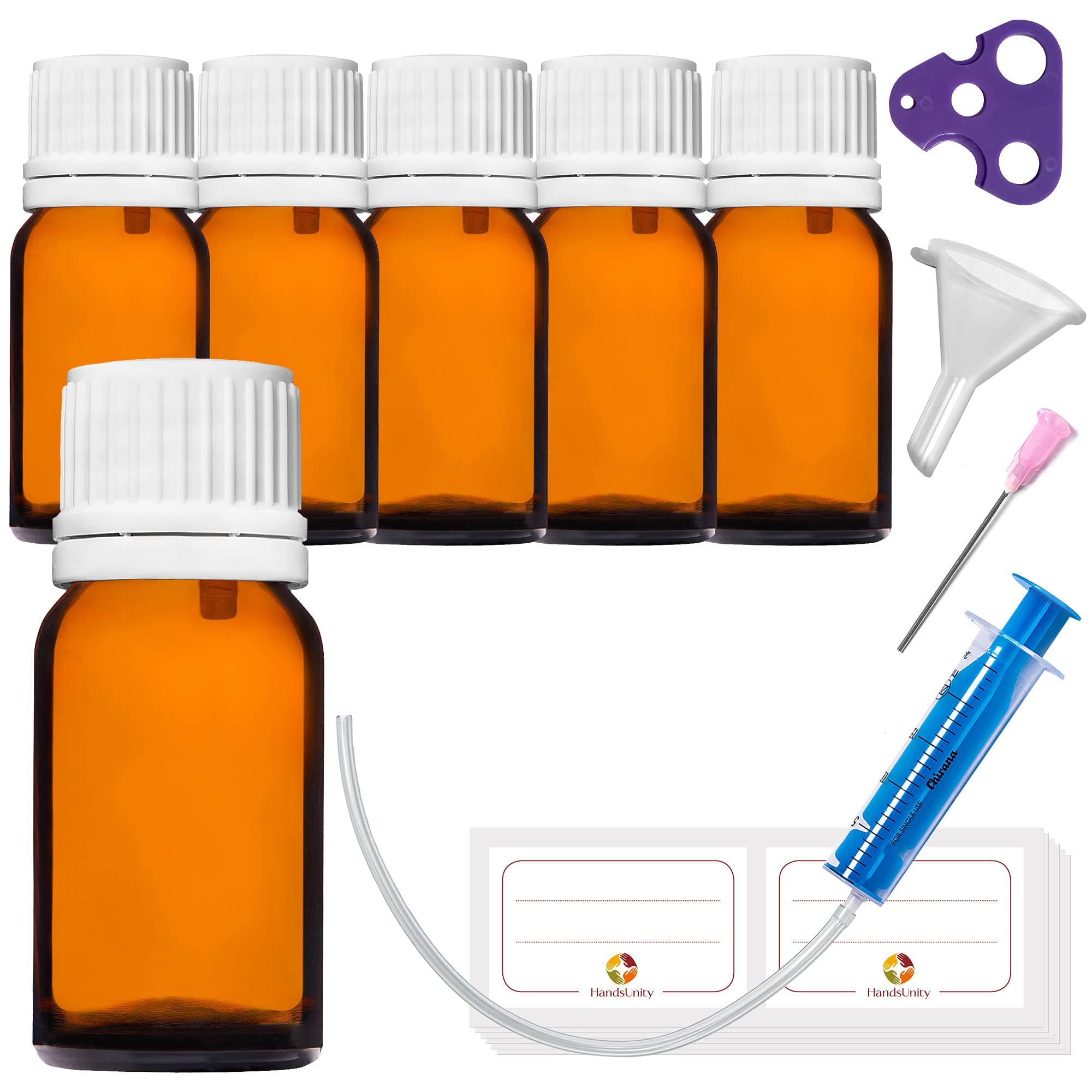 HandsUnity 10ml-6pcs Dropper Insert Bottle - Small Amber Glass Bottle Apothecary Glass with White Dropper Insert Cap made of Brown Glass set including 18 auxiliary Accessories