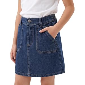 WELAKEN Girls Denim Skirt Kids A-Line Jean Mini Skirts | Elastic Back Waist, Soft Breathable, 2 Front Pockets, School and Pla