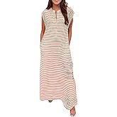 CHARTOU Loose Striped Flowy Long Dress for Women Summer Comfy Sleeveless Henley T Shirt Dress with Pockets