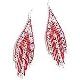 Long Beaded Tassel Earrings – Classic Rainbow Striped Beaded Dangle Fringe Earrings, Bohemian Seed Bead Drop Statement Earrings, Idea for Women, Wedding Party