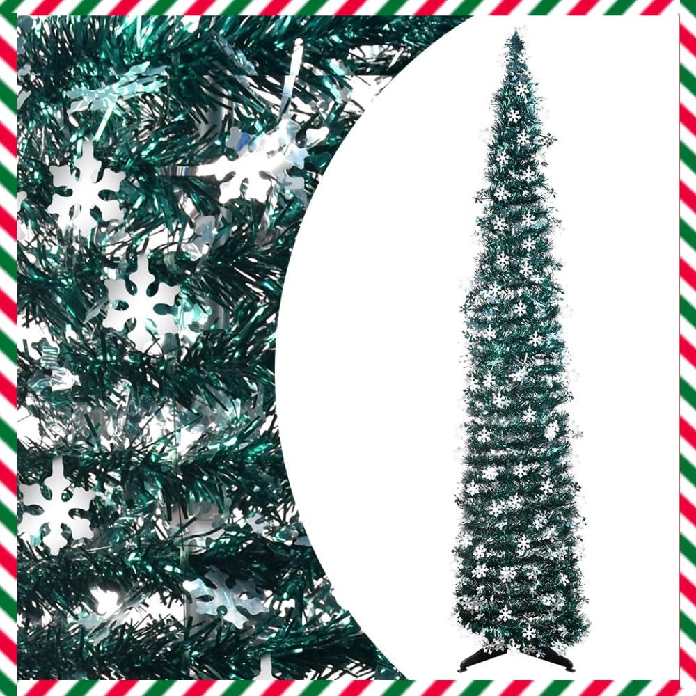KARBAG 5ft/1.5M Collapsible Christmas Tree, Pop up Tinsel Christmas Tree Peacock Green Artificial Christmas Tree with Snowflake Sequin Tinsel Pencil Christmas Trees with Stand for Xmas Home Decoration