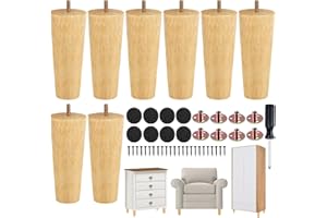TURSTIN 8 Pieces Furniture Legs 6 Inches Round Solid Wood Furniture Feet with M8 T-Nuts Couch Legs Sofa Leg Replacement Leg for Armchair, Cabinet, Chair, Dresser or Home DIY Projects, Natural Wood