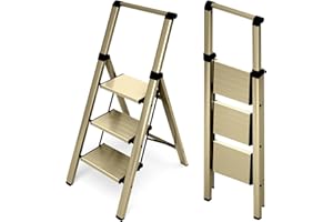 HillhutApex 3 Step Foldable Aluminum Step Ladder with Handgrip, Anti-Slip Pedal, 330 lbs Capacity, Lightweight & Portable for Home, Kitchen, Office, Garage (Gold)