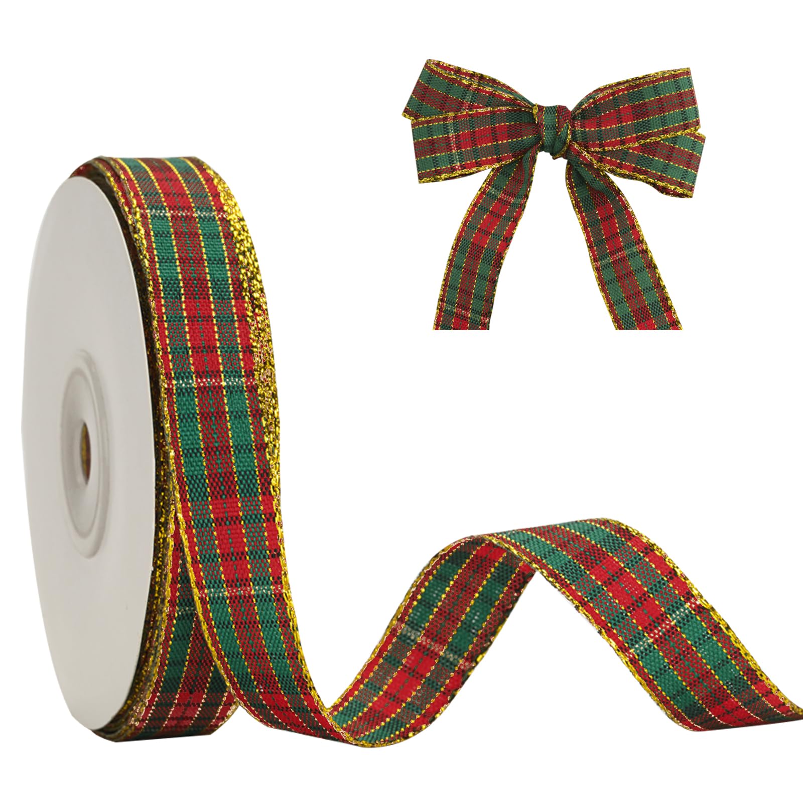 G2PLUS Red Green Gold Christmas Ribbon 15mm: 25 Yards Tartan Ribbons for Gift Wrapping, Plaid Gold Edge for Christmas Crafting, Bows Making