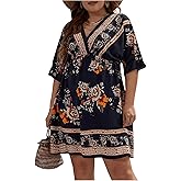 OYOANGLE Women's Plus Size Boho Floral Print High Waist V Neck Flared A Line Short Dress