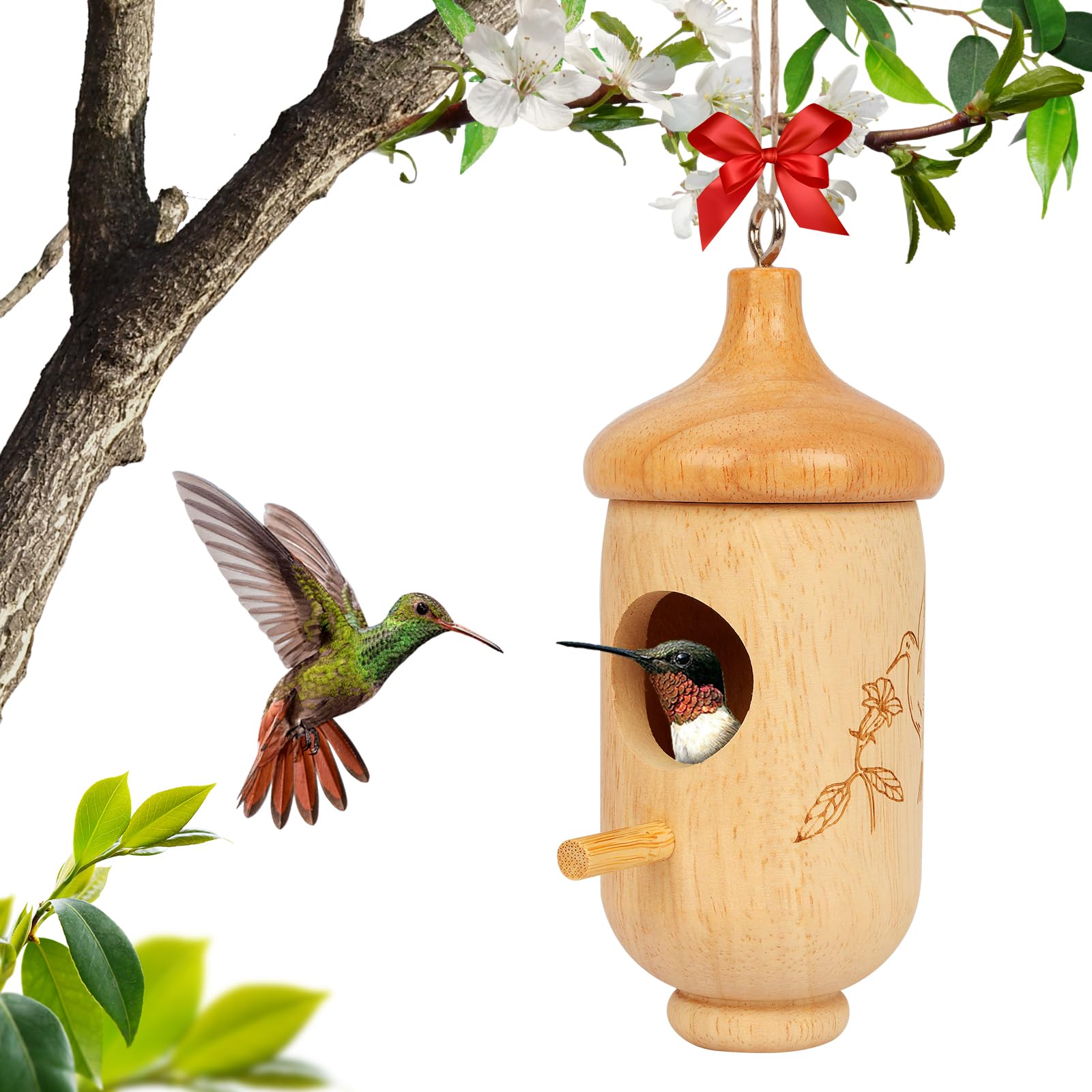 Photo 1 of Hummingbird House, Wooden Hummingbird Houses for Outside Hanging, Nest Swinging, Wooden Bird Houses with Cotton, Bow, String, Gardening Gifts Decoration (1 Pack)