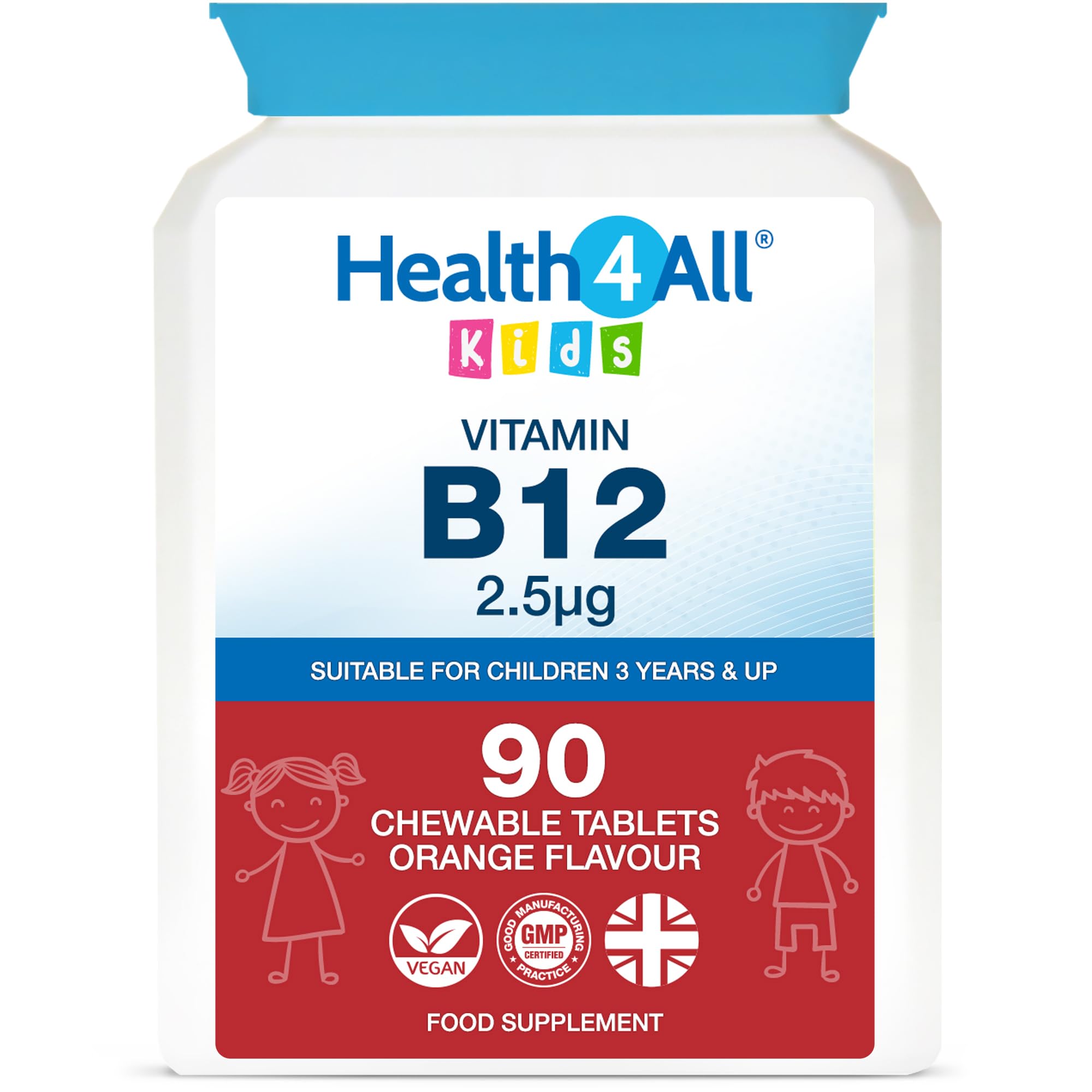 Health4All Kids Vitamin B12 2.5mcg 90 Chewable Tablets 3 Months Supply, Vegan VitB12 Methylcobalamin Supplement for Children 3+, Sugar-Free, Natural Orange Flavour | Made in UK (not Gummies)