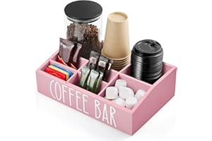 ALELION Pink Coffee Station Organizer for Countertop - 7 Compartments Coffee Bar Accessories and Organizer with Removable Dividers - for Pink Kitchen Coffee Bar Decor
