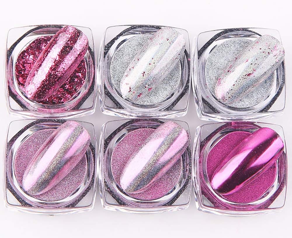 Hanzel Starry Brillant Nail Powder - 6 Diffeerent Texture Powder, Mirror Rainbow Effect,Laser Color Nail Glitter,Sparkle Metallic Manicure Pigment,6 Jars/Set with 8 Eyeshadow Sticks (H4)