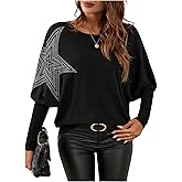 Verdusa Women's Rhinestone Star Elegant T Shirts Dressy Causal Tops Fall Clothes