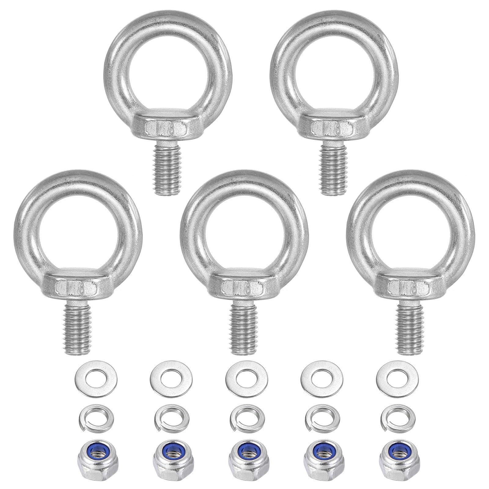 PATIKIL M8 x 13mm Lifting Shoulder Eye Bolt, 5Pcs 304 Stainless Steel Lifting Ring Threaded Eyebolt with Nuts Washers for Hanging Hammocks Articles