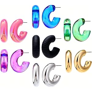 Chunky C-Shape Hoop Earrings, Acrylic and Metal, gold,silver,blue,black,pink,green,purple,Multicolor, Iridescent, Stud Post,