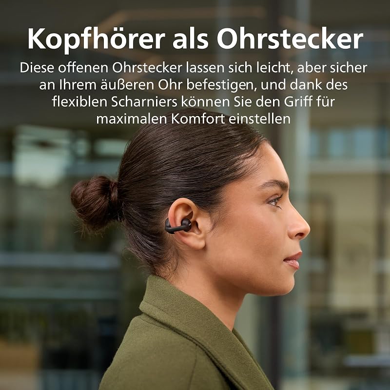 TAQ2000BK ohraufliegende True Wireless Multipoint-Bluetooth-Ohrhörer mit Ohrmanschette - 28 Stunden Spielzeit, Kompaktes Lade-Case, Klare Anrufe, für Arbeitsweg und Sport - Schwarz