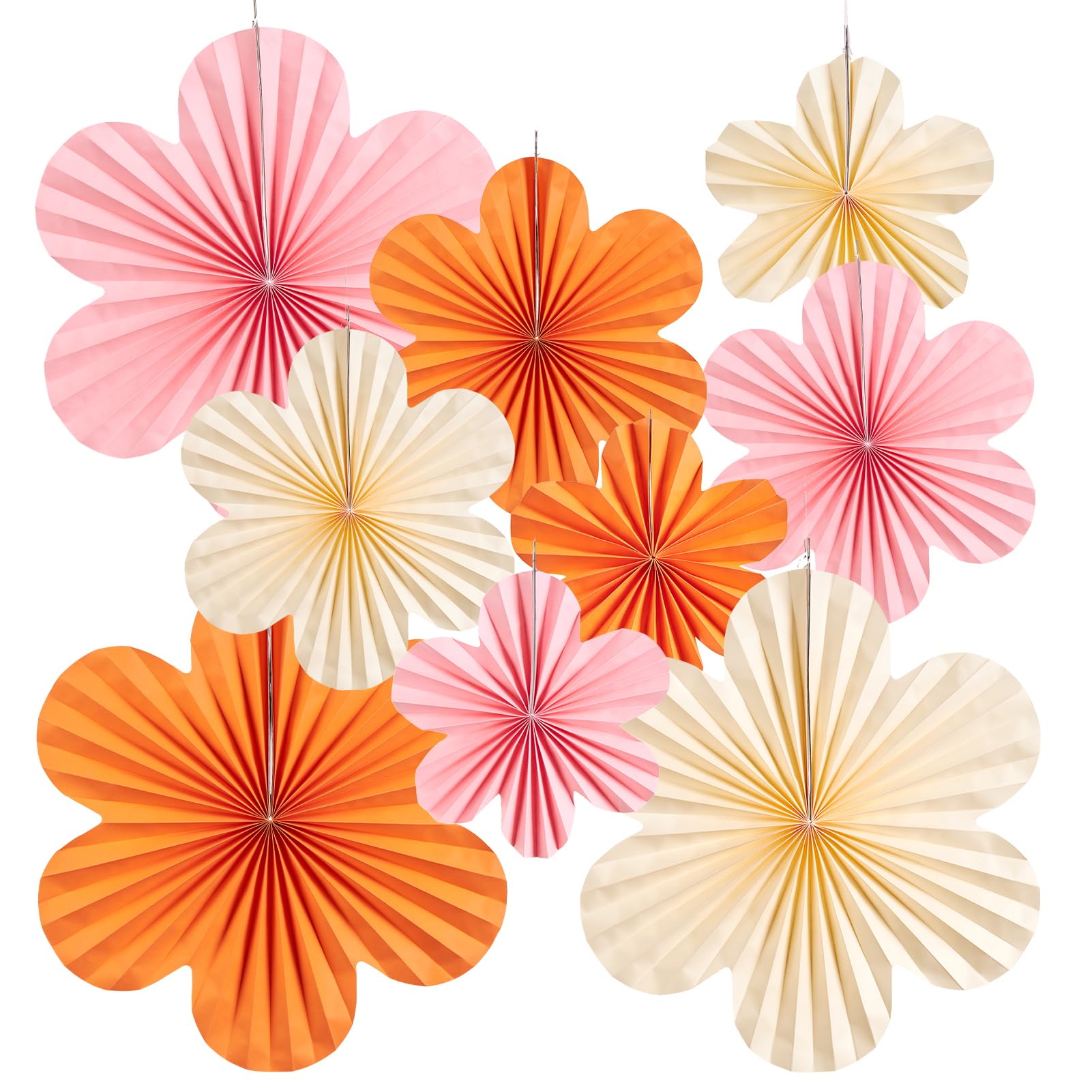 SUNBEAUTY 9 Pcs Paper Decorations Paper Flowers Fans Decorations Hanging Flowers Backdrop Orange Pink Party Decor Hanging for Birthdays Weddings Baby Shower Spring Tea Party Table Decoration