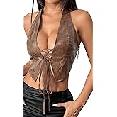 Ausing Women's Low Cut PU Crop Tank Top Sexy Halter Neck Vest with Tie Closure Leather Clubwear S-L