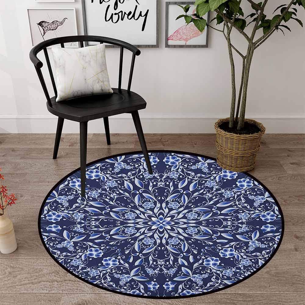 Round Rugs 31" Circle Rugs for Living Room, Dark Blue Royal Blue White, Dark Blue, Chinese Painting Style Artwork Traditional Floral Interlace Print (Round 80cmx80cm)