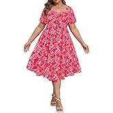 RITERA Plus Size Dresses for Curvy Women Boho Summer Midi Dress Sweetheart Neck Short Sleeve Dresses Empire Waist with Pocket