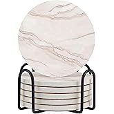 VEYRO Ceramic Coasters Set of 6 – Absorbent Stone Drink Coasters with Holder, Non-Slip Cork Backing, Modern Marble Look Coasters for Coffee Table, Desk & Home Decor