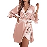 Ekouaer Women's Satin Robe Valentines Lingerie for Women Kimono Bathrobe Short Ruffle Belted Robes Bridesmaids Sleepwear