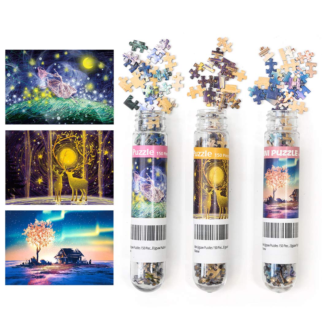 3 Pack Mini Jigsaw Puzzles 150 Pieces for Adults Small Jigsaw Puzzle 6 x 4 Inches Entertainment Toys For Home Decor (Night Sky, Elk, Polar Impression)