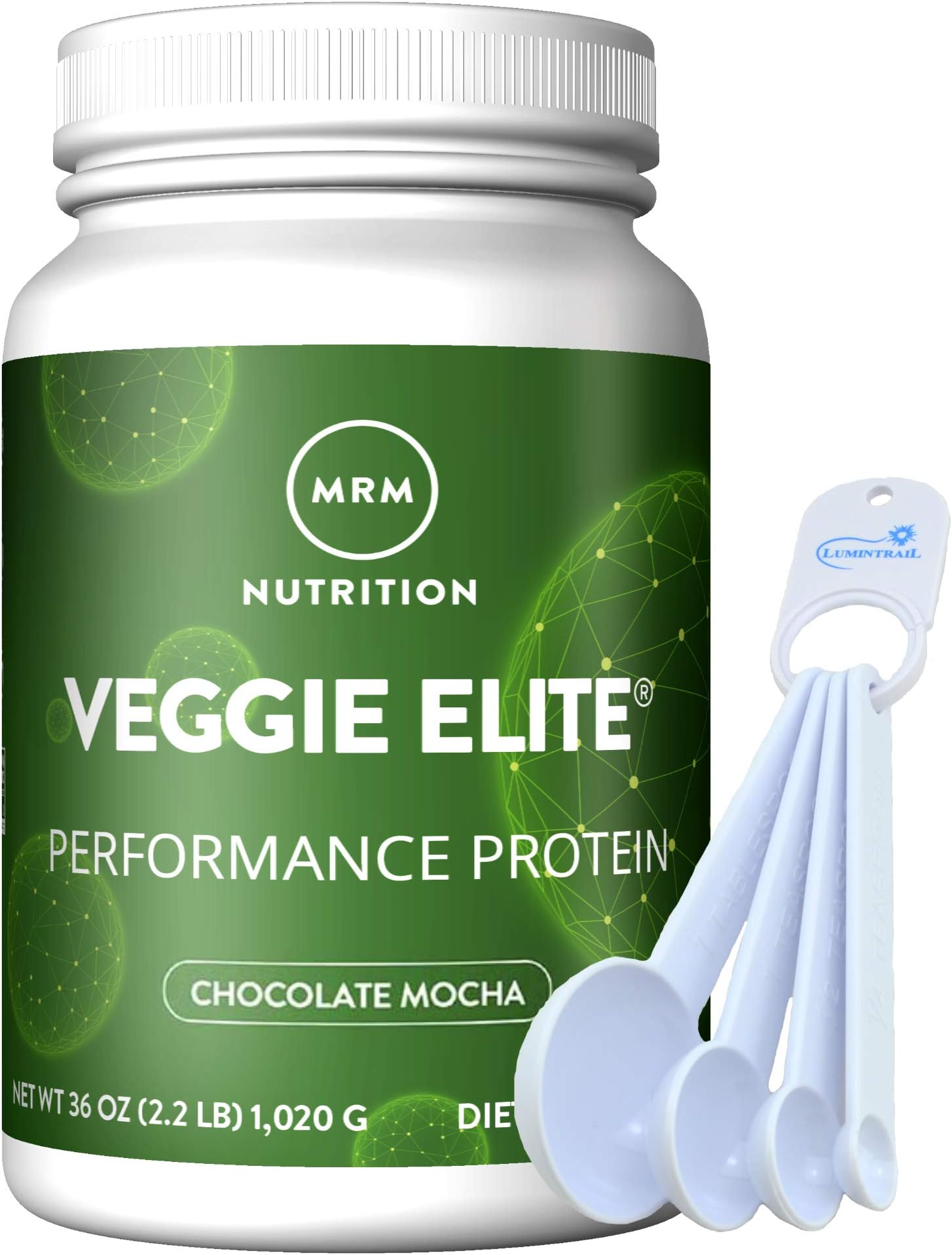 MRM Veggie Elite Performance Protein, Soy-Free, 39.2 oz Chocolate Mocha Bundle with a Lumintrail Measuring Spoon Set