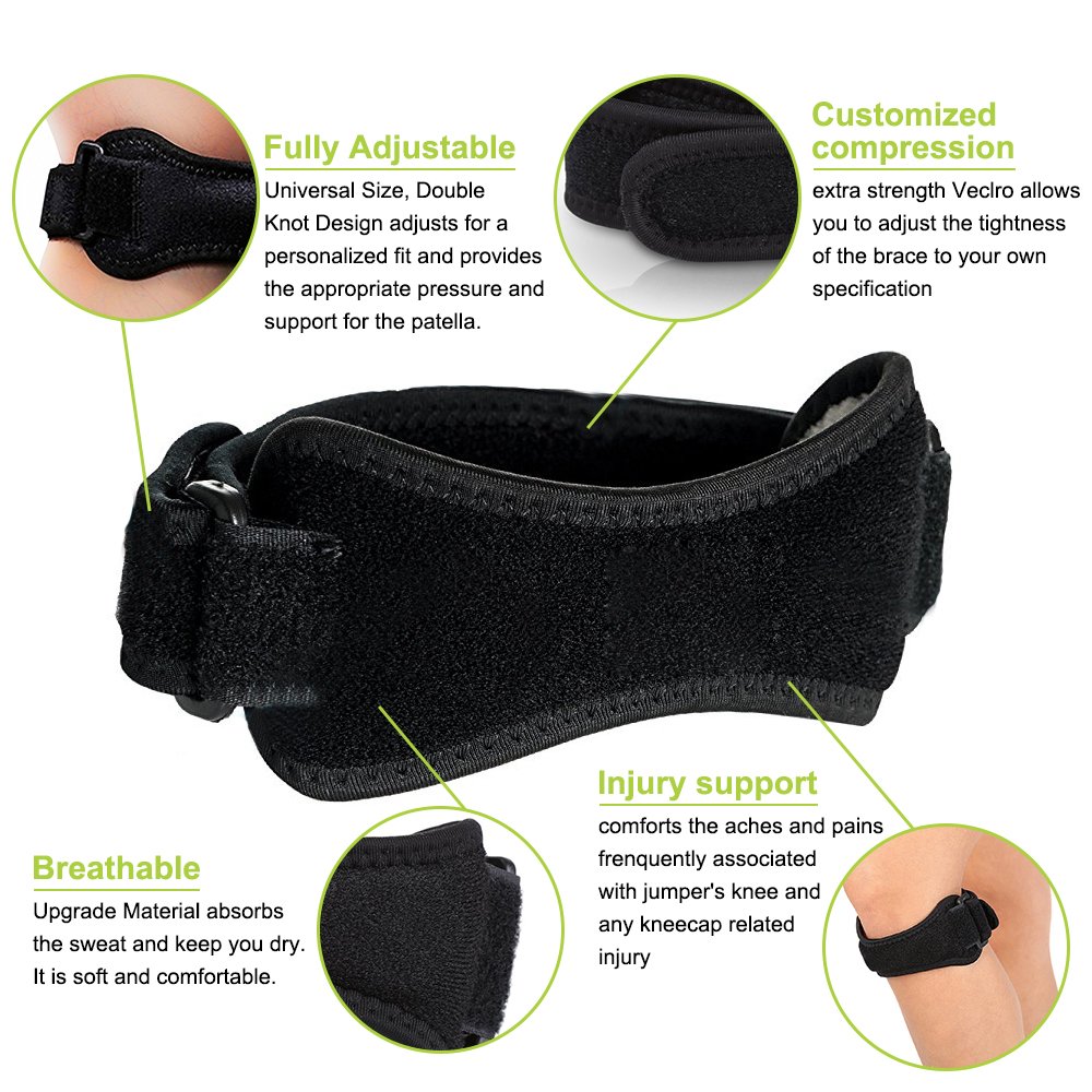 2 correas Bandas Con Almohadillas Para Rodilla Ajustables, Rodilleras para senderismo, fútbol, baloncesto, correr, jersey, tenis, tendinitis, voleibol y sentadillas, color negro