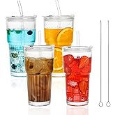 4 Pack 20 Oz Glass Cups with Lids and Straws Glass Iced Coffee Cups with Lids Vintage Ribbed Glass Tumbler for Beer Ice Coffee Fruit Juice Elegant Aesthetic Cup Glassware Include 2 Cleaning Brushes