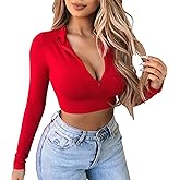 Artfish Women's Long Sleeve Quarter Zip Crop Tops Fleece Lined V Neck Fitted Sexy Cropped Shirts